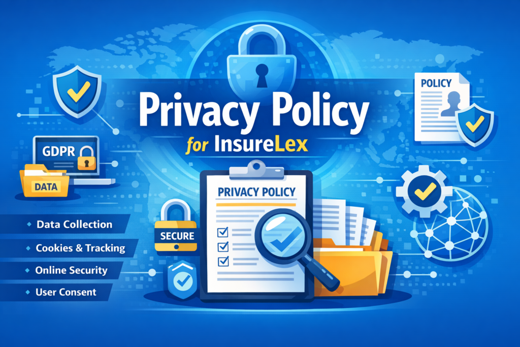 Privacy Policy for InsureLex showing data protection, cookies, user consent, and website security