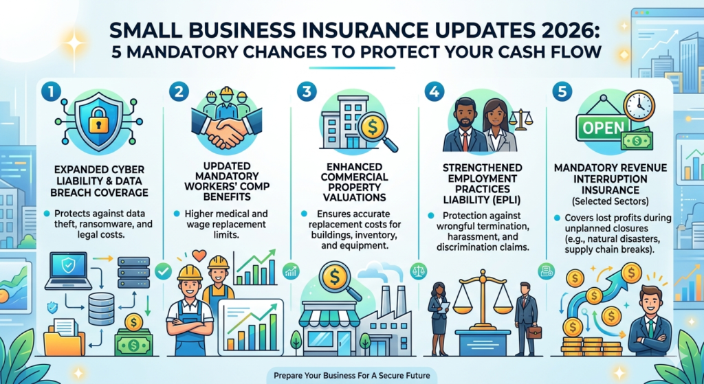 professional infographic titled "Small Business Insurance Updates 2026" featuring five numbered sections: Expanded Cyber Liability, Updated Workers' Comp, Enhanced Property Valuations, Strengthened EPLI, and Mandatory Revenue Interruption Insurance.