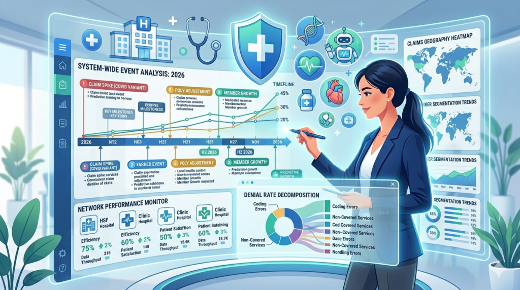 Professional analyzing health insurance event data with charts and medical icons