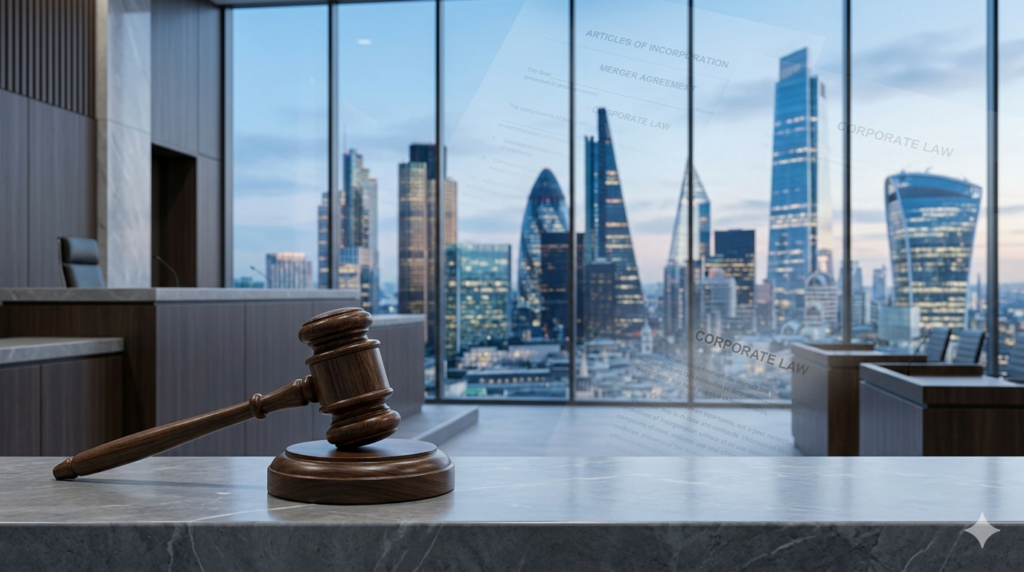 A high-resolution website header featuring a wooden judge’s gavel on a marble desk in the foreground, overlooking a blurred courtroom interior and a city skyline of glass skyscrapers in soft blue and grey tones with a subtle legal document overlay.