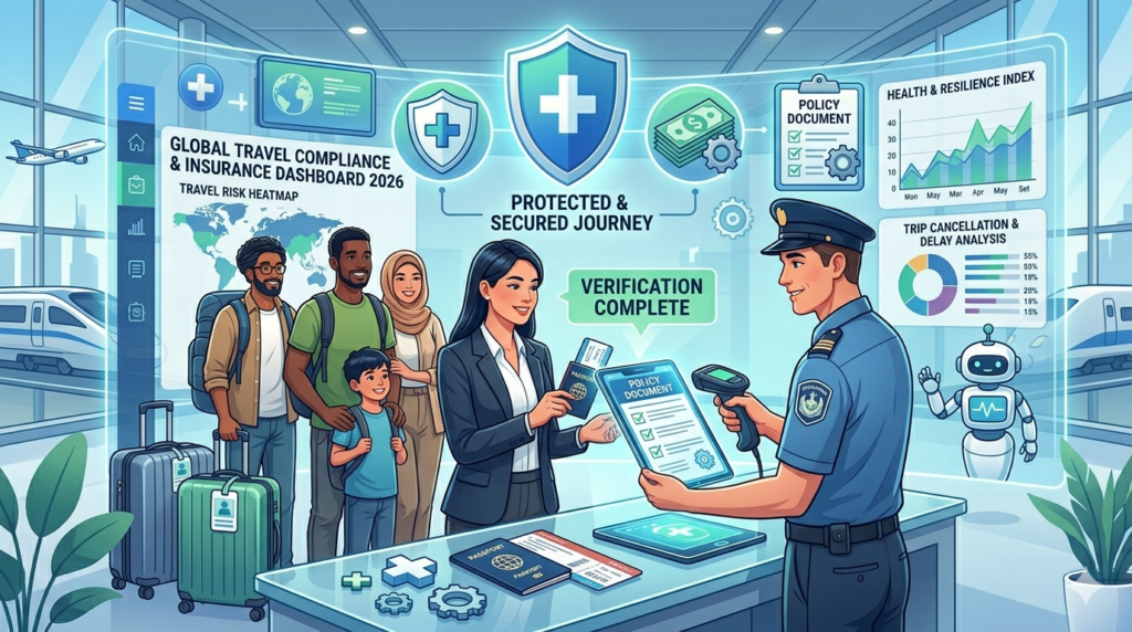 Illustration of international travelers at an airport with travel insurance documents and icons