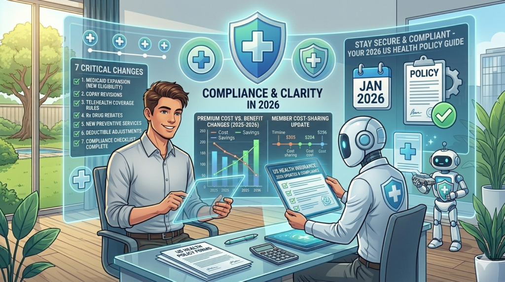Illustration showing updated US health insurance policy documents with checklist of 7 changes