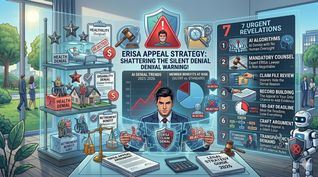 Illustration showing a lawyer handling ERISA claim denials and silent denial crisis with 7 key revelations