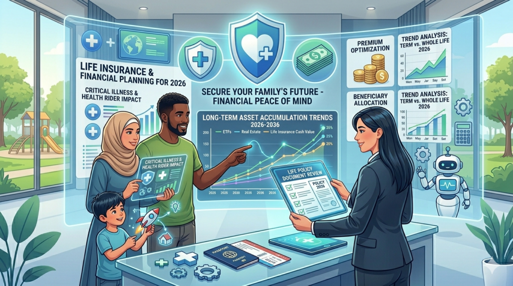 Illustration showing life insurance trends with charts, policies, and family financial planning