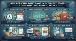 A high-tech, futuristic infographic titled "New Personal Injury Laws in the United States 2026." The central graphic features a digital scale of justice holding a human brain and a glowing dollar sign, representing "Neuro-Caps on Damages." Surrounding panels illustrate "Smart Contract Liability" with a digital handshake, "Deepfake & Authentic Evidence" showing a shield protecting verified data, and a "Unified Data Repository" symbolizing a central platform for case summaries. The aesthetic is dark blue and gold with glowing circuit-board accents, emphasizing the intersection of law and modern technology.