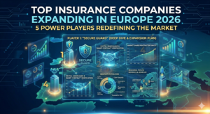 An intricate infographic detailing the expansion strategies of top insurance companies in Europe for 2026. The main title "TOP INSURANCE COMPANIES EXPANDING IN EUROPE 2026" is prominent, with the subtitle "5 POWER PLAYERS REDEFINING THE MARKET