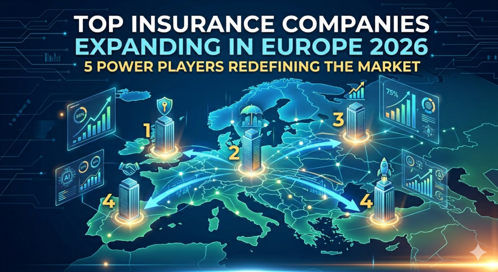 An intricate infographic detailing the expansion strategies of top insurance companies in Europe for 2026. The main title "TOP INSURANCE COMPANIES EXPANDING IN EUROPE 2026" is prominent, with the subtitle "5 POWER PLAYERS REDEFINING THE MARKET". A central feature focuses on "PLAYER 1: 'SECURE GUARD' (DEEP DIVE & EXPANSION PLAN)". This plan includes two visualization panels: "DIGITAL HANDSHAKE & SMART CONTRACT VERIFICATION" with charts and handshake graphics, "INNOVATIVE POLICIES" with pie charts for Parametric Risk, Cyber-Security, and Concussion, a "MARKET SHARE PENETRATION TARGET" line graph, and a map of "REGIONAL FOCUS: NORDICS & BENELUX" with marked cities like AMSTERDAM, COPENHAGEN, OSLO, and PARIS. Other numbered markers (1 to 5) are visible on a larger European map background.