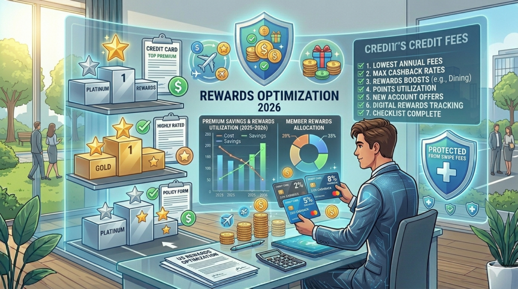 Illustration showing credit cards with cashback rewards and protection from fees