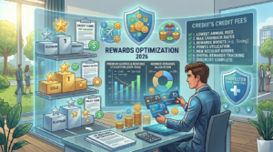 Illustration showing credit cards with cashback rewards and protection from fees