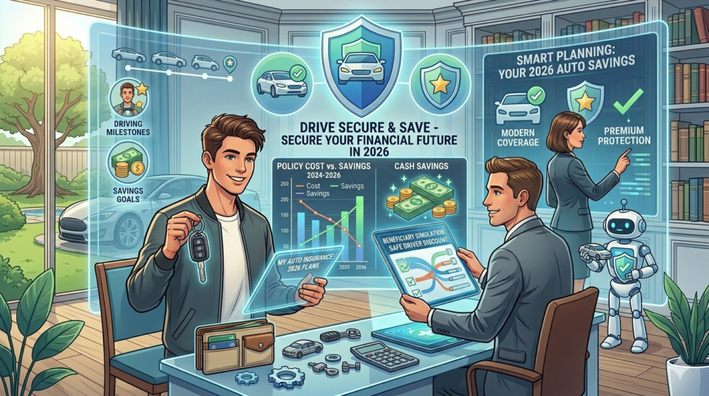 Young driver reviewing auto insurance savings with charts and icons