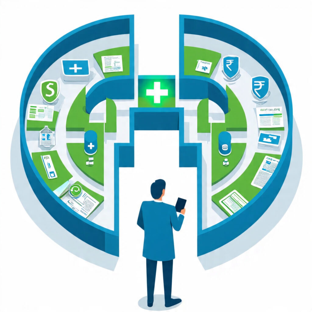 Illustration of a family protected by health insurance with medical and financial symbols