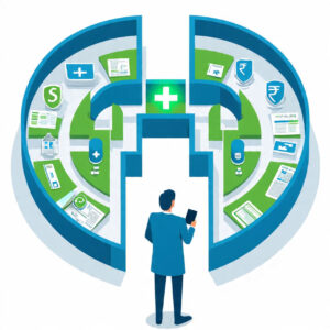Illustration of a family protected by health insurance with medical and financial symbols