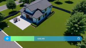 Aerial drone view of a suburban house with digital UI overlay panels displaying property data metrics in blue and green