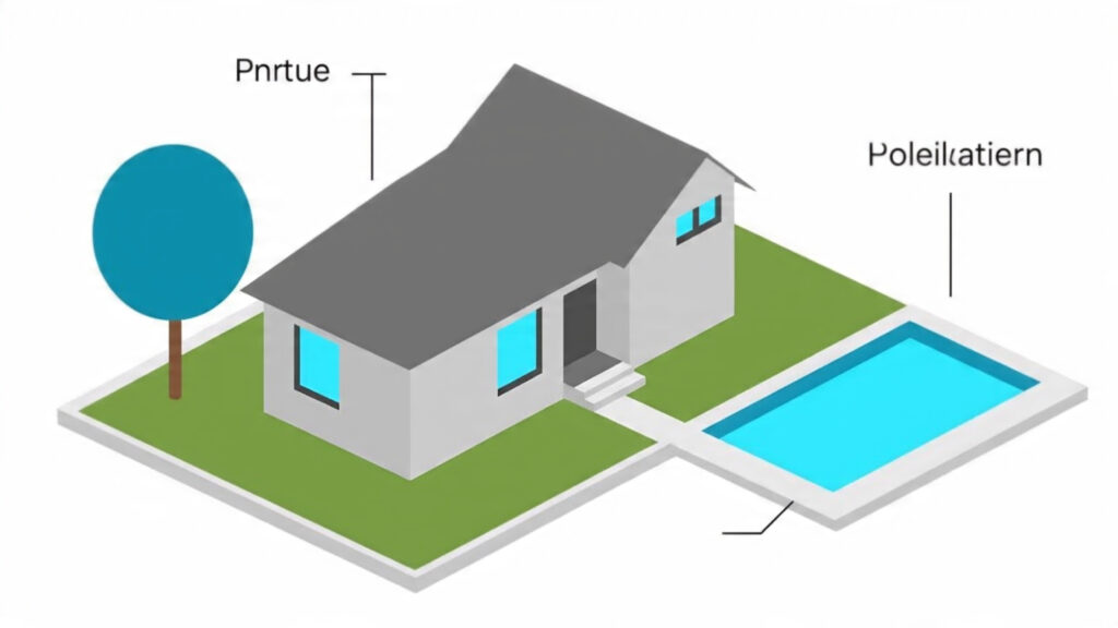 Minimal line-art illustration of a house with circular badge icons labeling roof, tree, and pool areas