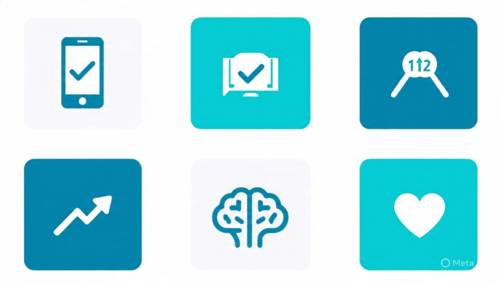 Clean infographic with three icons representing 2026 life insurance trends: mobile digital underwriting, AI brain circuit, and wellness heart icon